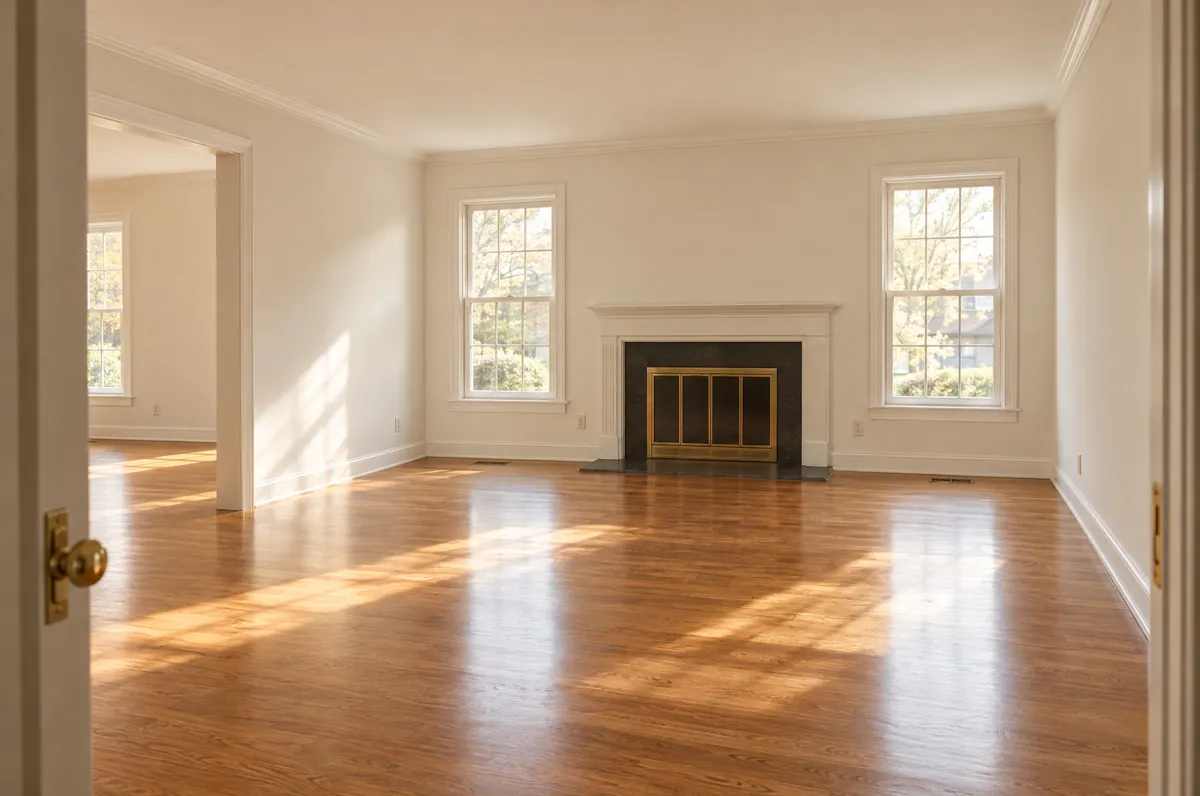 The same living room cleared, patched and painted with the carpet removed