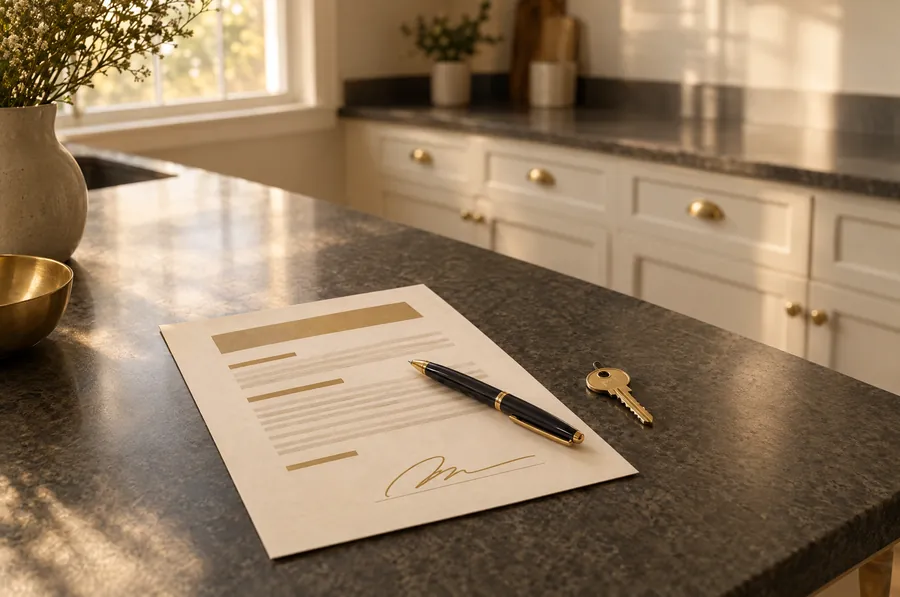 Signed one-page agreement and a house key on a kitchen counter