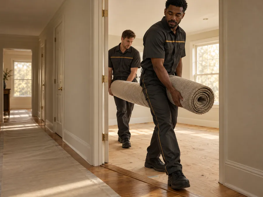 Crew carrying rolled carpet out of a bedroom