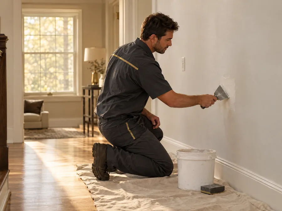 Technician patching a hallway wall