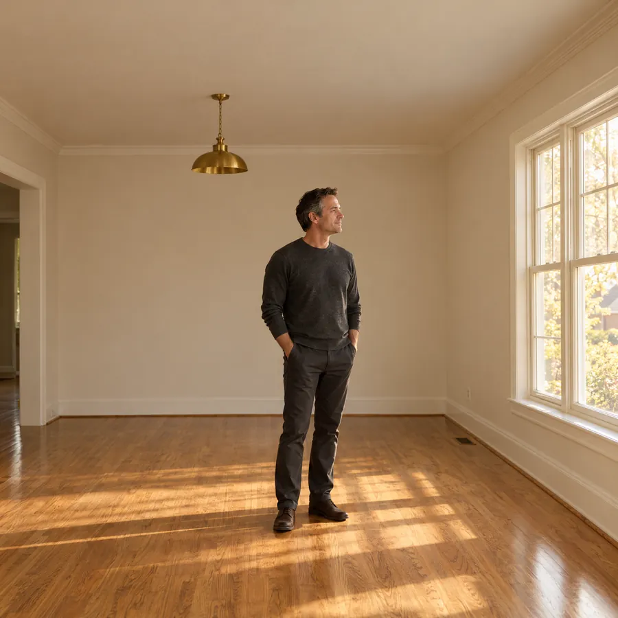 An adult son standing in his parents' cleared and freshly painted living room