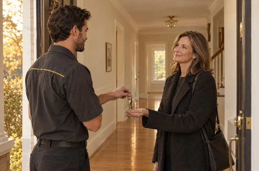 Crew lead handing the keys back at the front door of a finished home