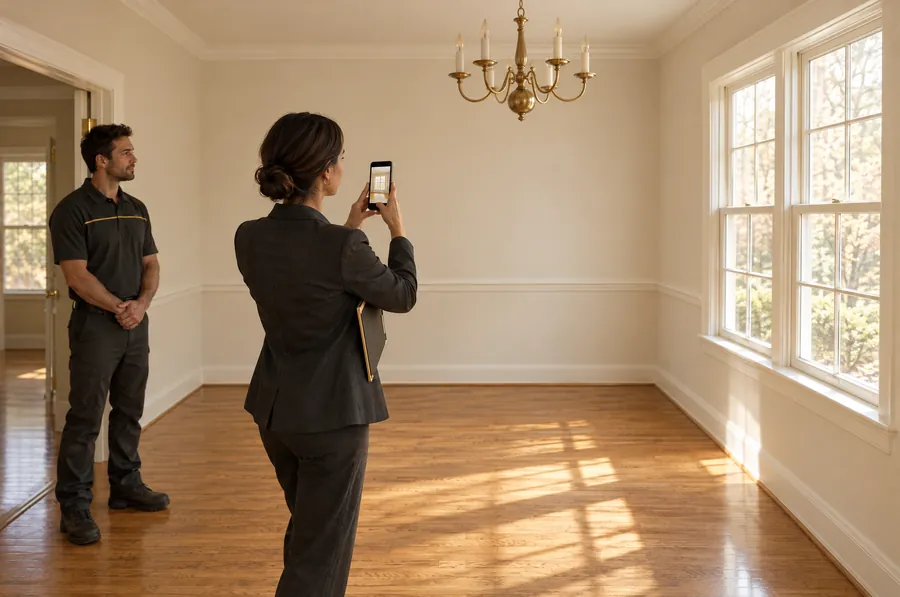 Listing agent photographing a freshly painted room while the crew lead waits by the door